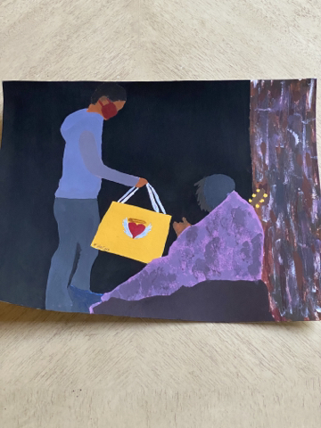 This painting is based on the needs of the transient community and the ways that the shelter in place order has made an already vulnerable situation even worse